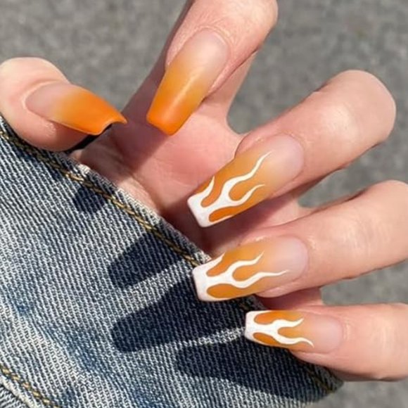 Coffin Press on Nails Orange Flame Design Matte - Picture 1 of 5